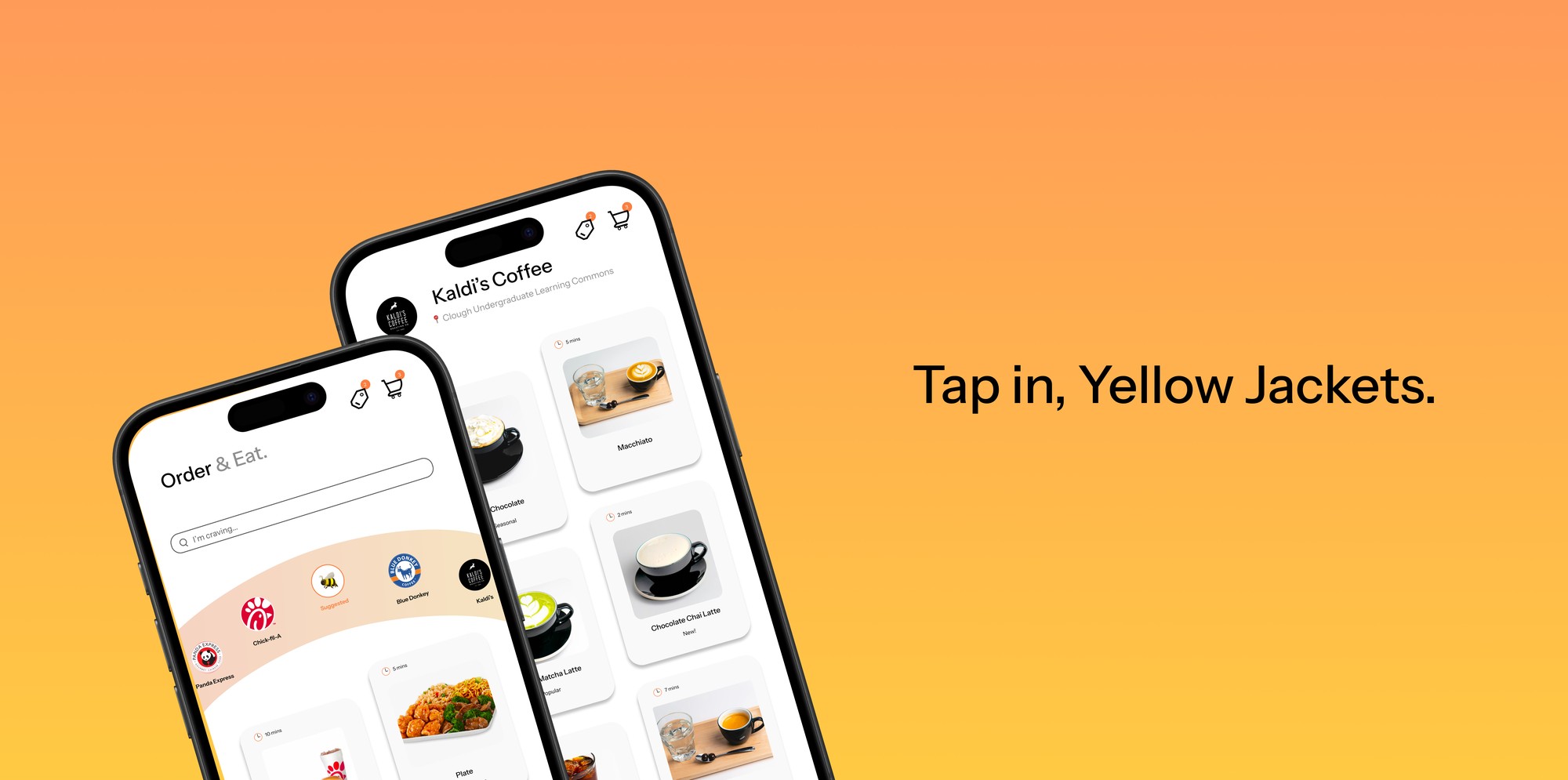 OrderEd app screens on two phones with the line Tap in, Yellow Jackets