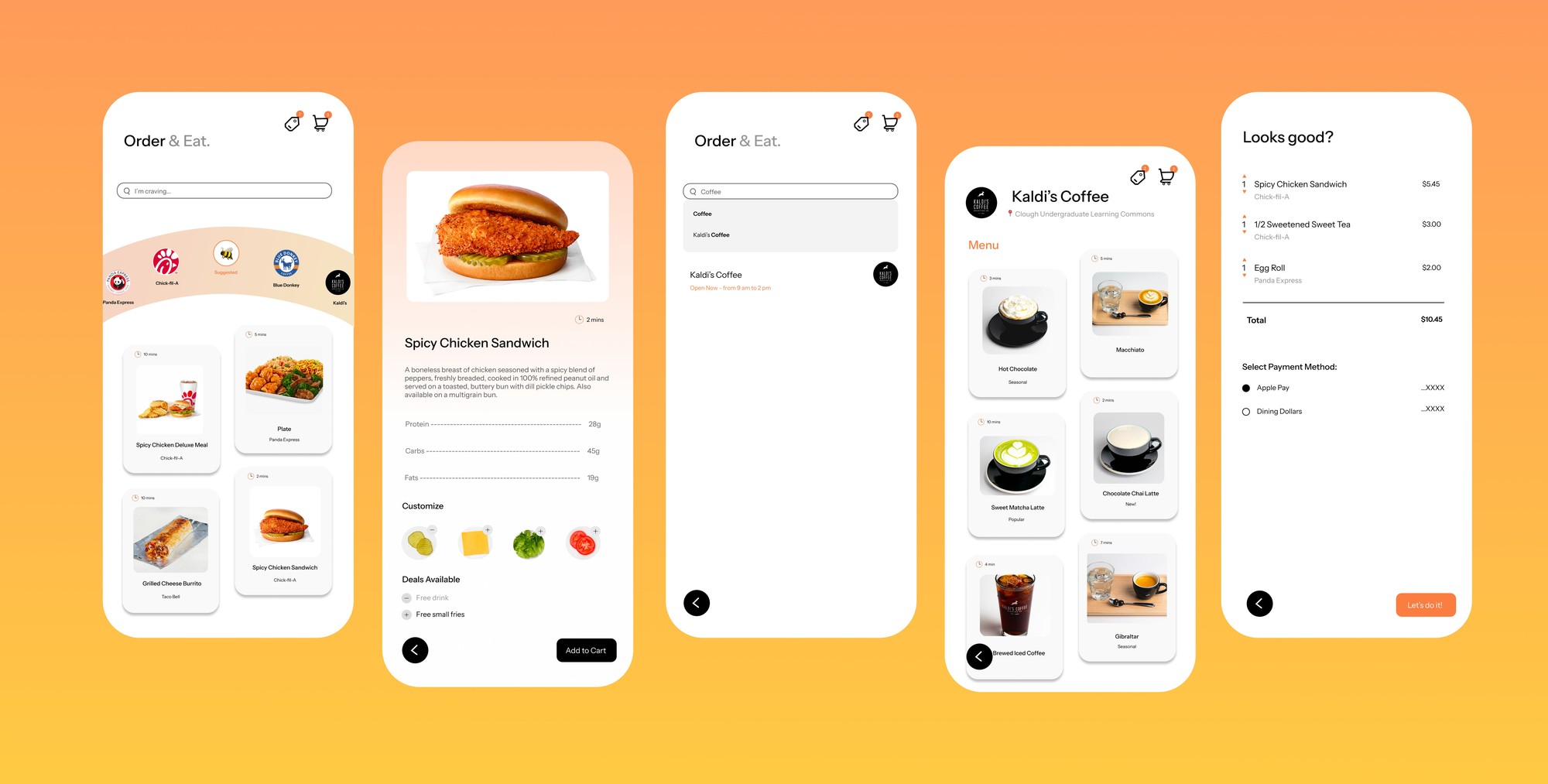 High-fidelity screens: home, item detail, search, Kaldi’s Coffee menu and checkout