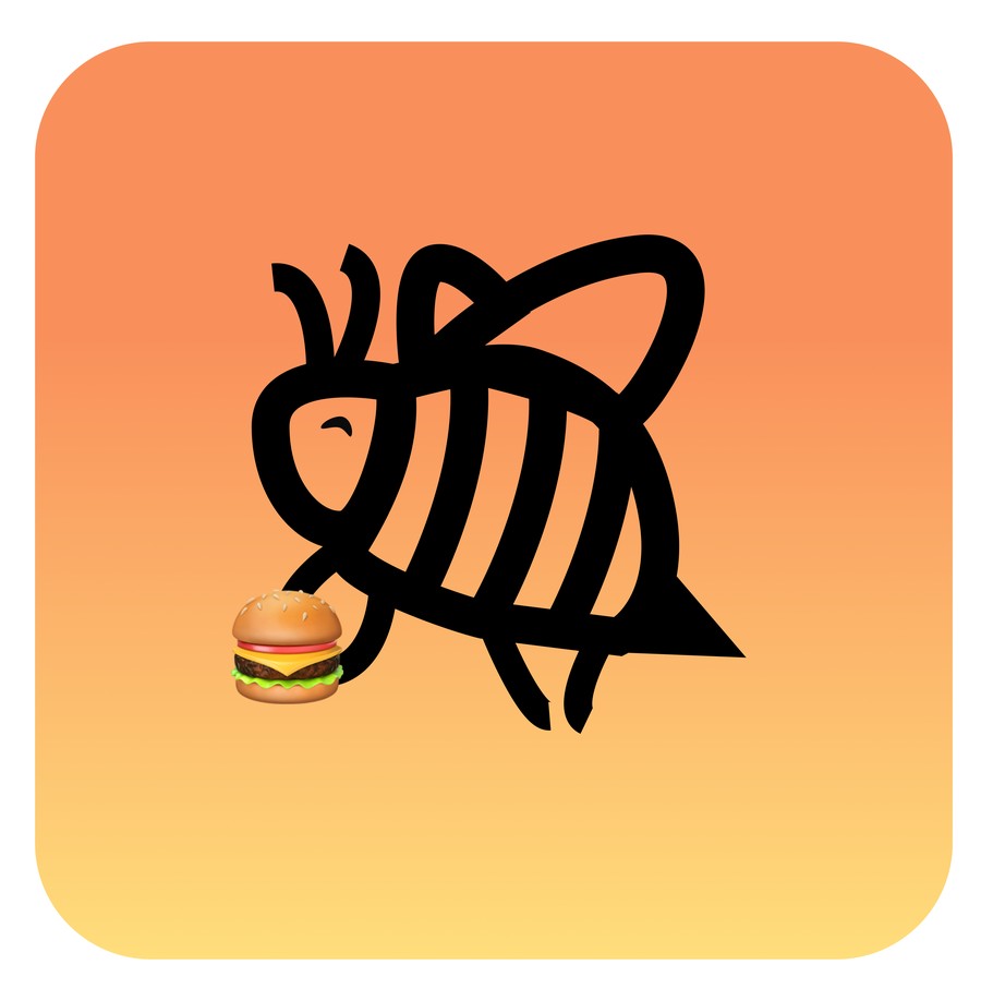 Final OrderEd app icon: a hand-drawn bee carrying a burger on an orange-to-gold gradient