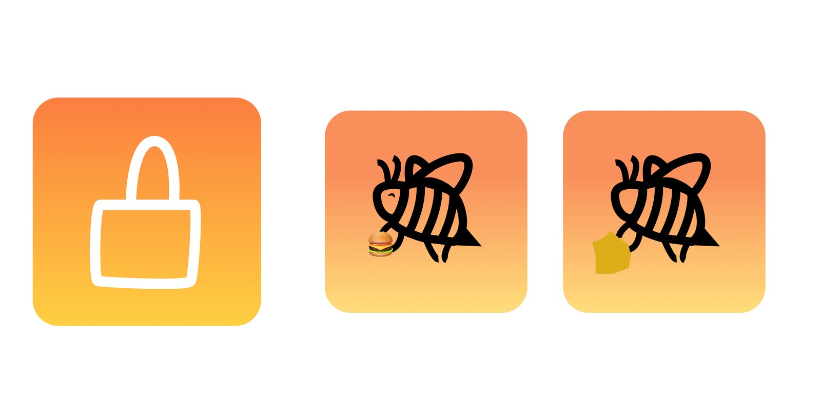 App icon explorations: a shopping bag on an orange gradient, and a bee carrying a burger or fries