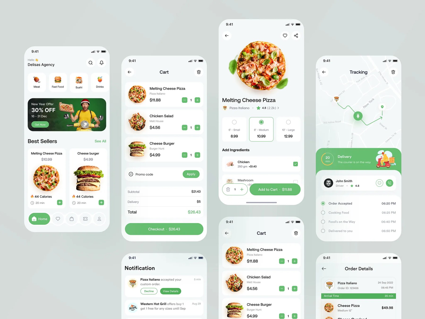 Food delivery app concept in green and white with cart, item detail and order tracking screens
