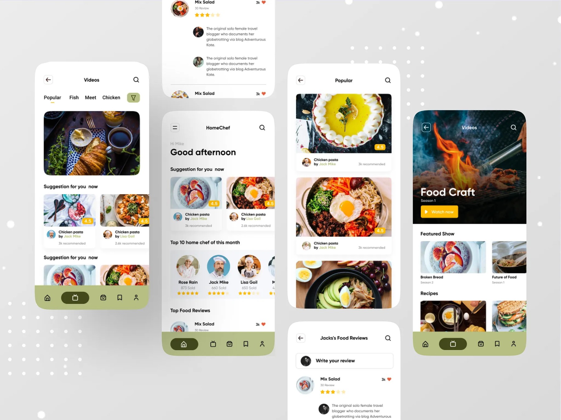HomeChef app concept with food video, recipe and review screens