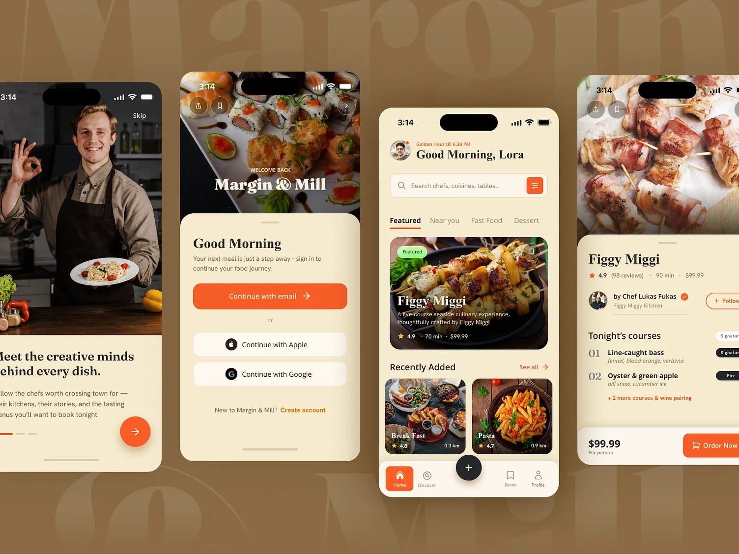 Margin and Mill restaurant app concept with warm cream tones and large food photography