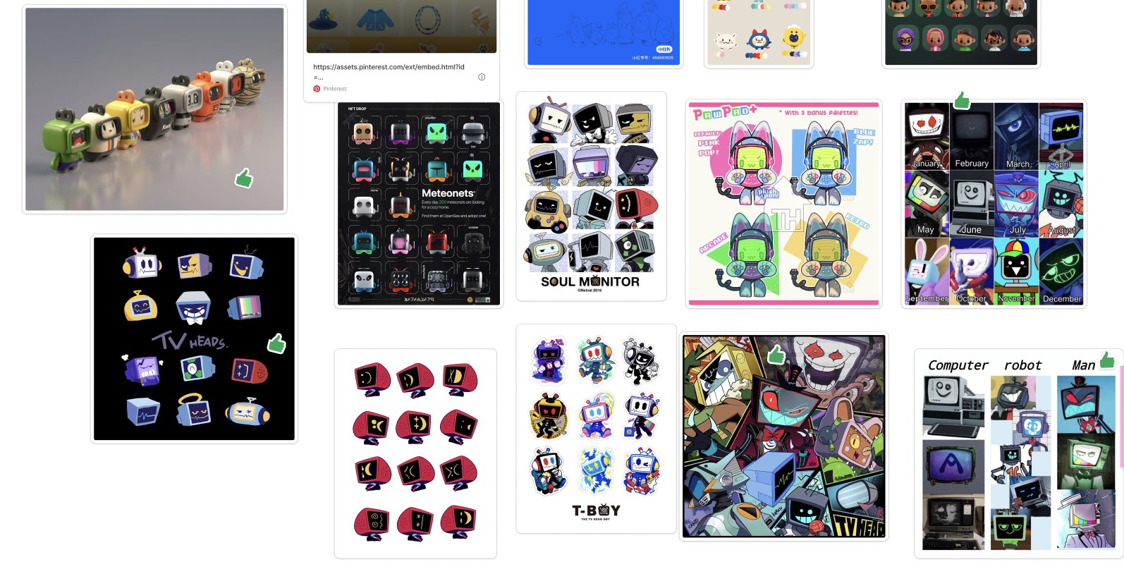 Mood board of computer-headed and TV-headed characters collected from other artists for reference