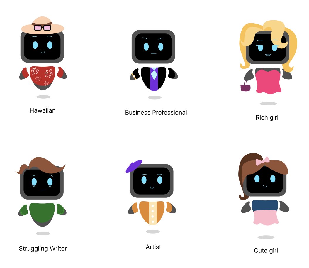 Final vector NPC designs: Hawaiian, business professional, rich girl, struggling writer, artist and cute girl