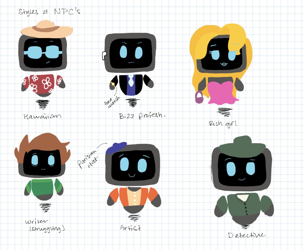 Hand-drawn sketches of six NPC styles: Hawaiian, business professional, rich girl, struggling writer, artist and detective